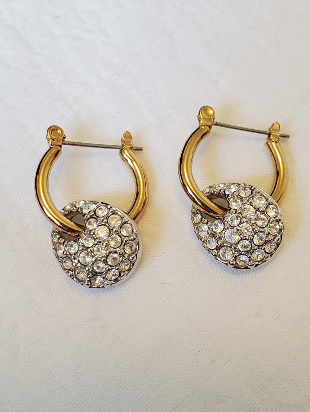 Swarovski Gold Hoop Earrings With White Crystal Disc Pendant